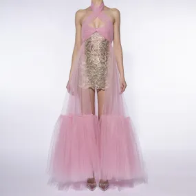 2024 abiti da sera in tulle moda primaverile con mini abito in pizzo con sovrapposizione di halter in rete abito da ballo formal