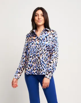 Camicia in raso fantasia bluette con colletto