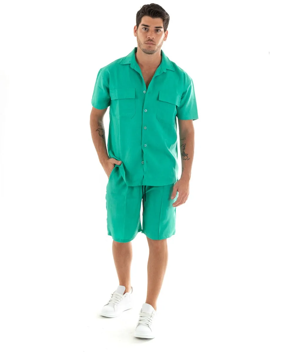 Completo Set Coordinato Uomo Viscosa Camicia Con Colletto Bermuda Outfit Verde Menta GIOSAL-OU2370A