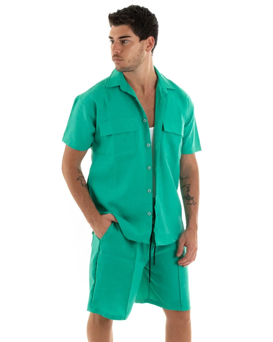 Completo Set Coordinato Uomo Viscosa Camicia Con Colletto Bermuda Outfit Verde Menta GIOSAL-OU2370A