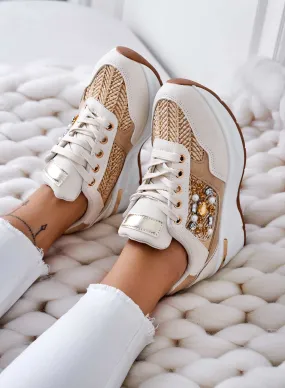 COOPER - Sneakers beige con inserti in tessuto e gioielli