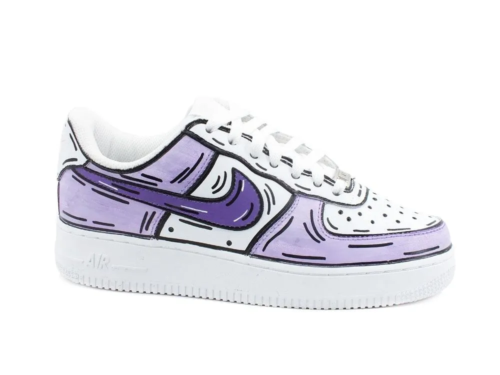 CUSTOM / NIKE Air Force 1 Sneaker AF1 Cartoon Comics White Lilac Purple 315115-112