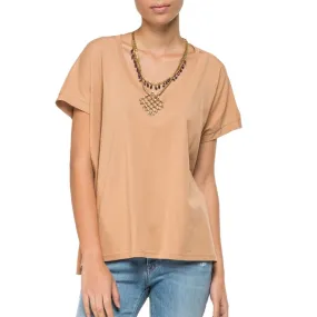 T-Shirt Con Scollo A V, Beige